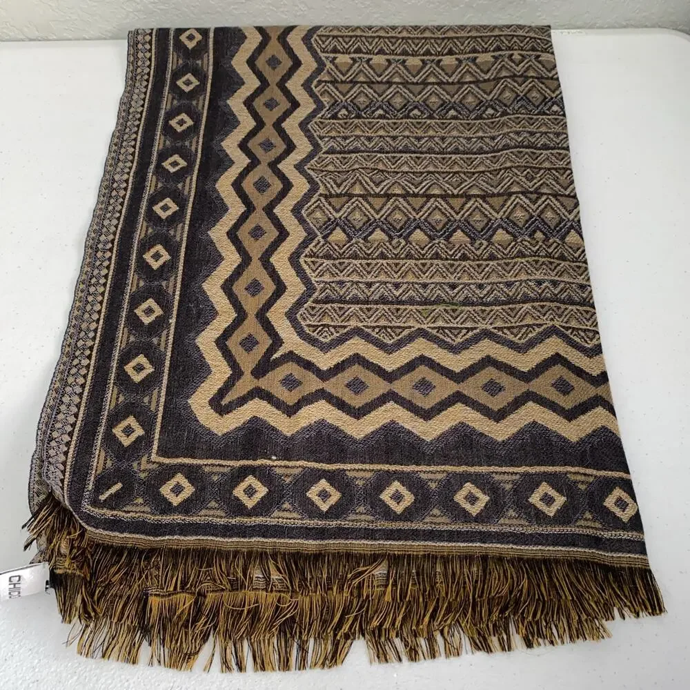 CHICO'S Womens Shawl Wrap Multicolor Blue Brown Fringed OS 100%‎ Wool 84”x26”